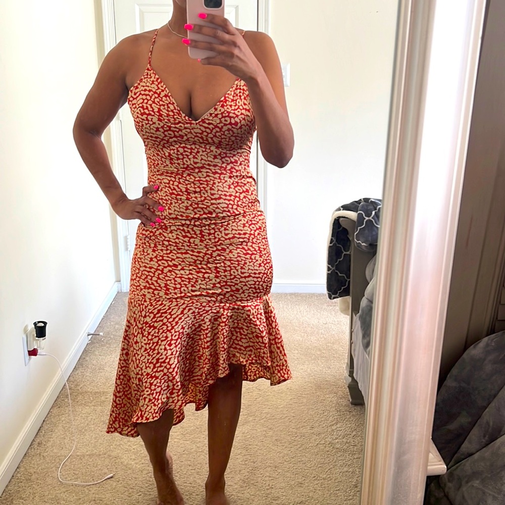 Red leopard print drill hem midi dress